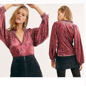 Free People Go Get 'Em Crushed Velvet Balloon Sleeve Blouse